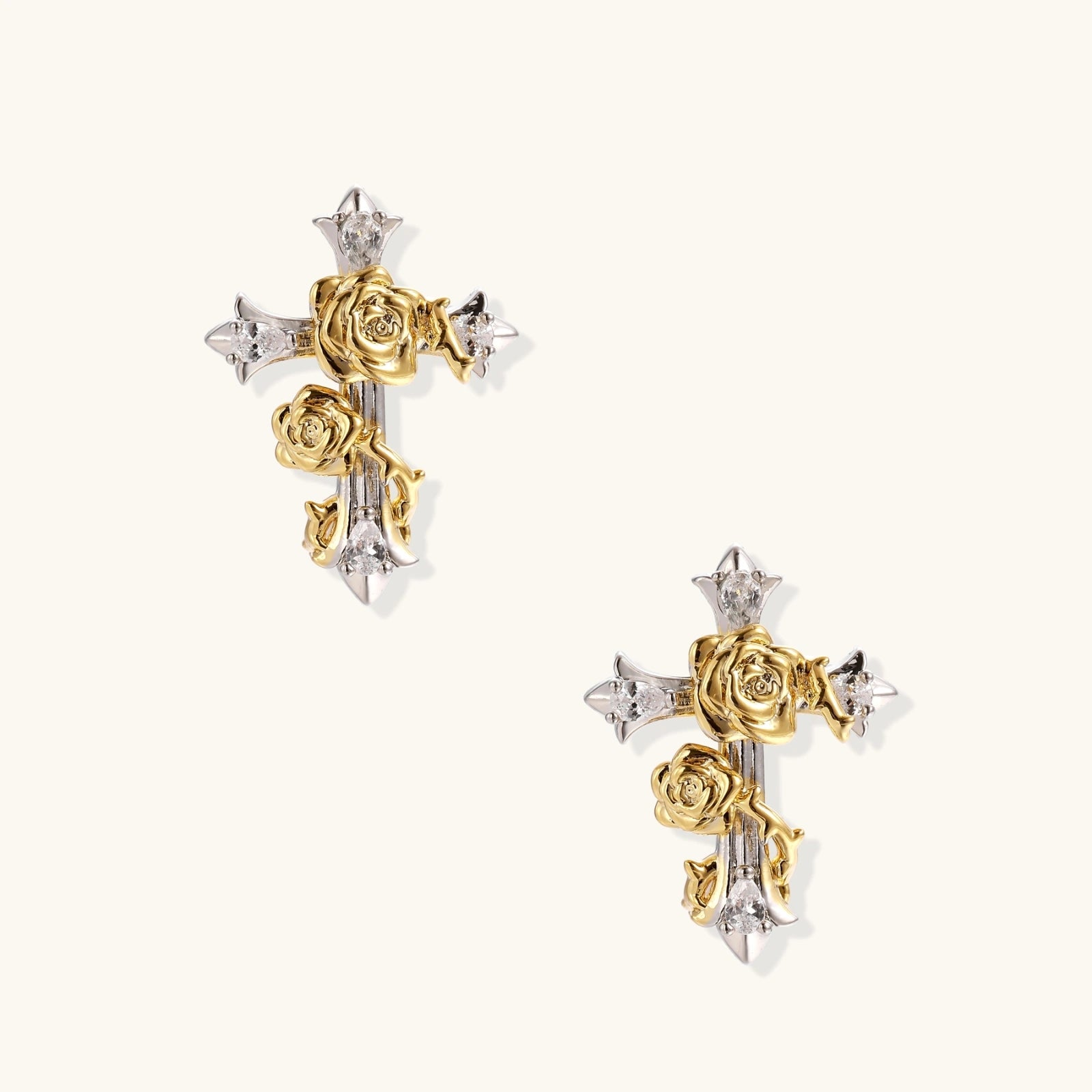 Two-tone cross earrings with gold roses and clear crystals on silver base, gothic romantic style